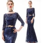 Boatneck 3/4 Sleeve Sequined Mermaid Evening Gown