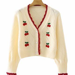 Contrast Trim Cherry Jacquard Cardigan