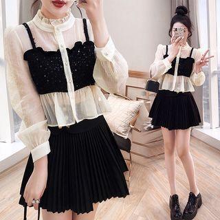 Set: Two-tone Blouse + A-line Skirt