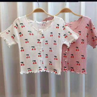 Short-sleeve Cherry Button-up Knit Top