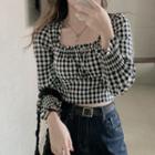 Puff Sleeve Check Smocked Crop Blouse