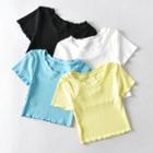Short Sleeve Ruffled-trim Ribbed-knit Crop Top