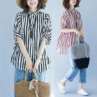 Color-block Striped Collared Short-sleeve Blouse