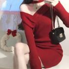 Long-sleeve Shoulder Cut-out Halter Ribbed Knit Mini Bodycon Dress Sweater - Red - One Size