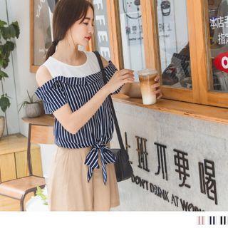 Cold Shoulder Mock Two Piece Striped Chiffon Top