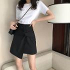 Short-sleeve Plain T-shirt / Asymmetric Mini Skirt