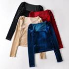Long-sleeve Square-neck Velvet Cropped T-shirt