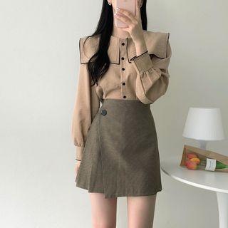 Peter Pan Collar Contrast Trim Shirt / High-waist Asymmetric Pleated Skirt