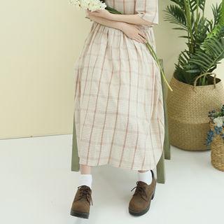 Square-neck Long Plaid Dress