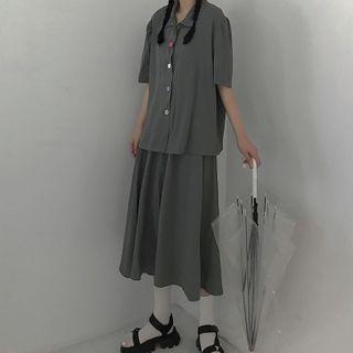 Set: Elbow-sleeve Shirt + A-line Midi Skirt Set - Gray - One Size