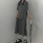 Set: Elbow-sleeve Shirt + A-line Midi Skirt Set - Gray - One Size