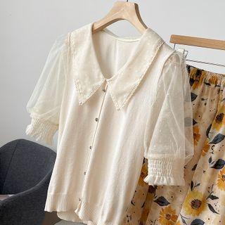 Elbow-sleeve Collared Mesh Panel Knit Top