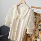 Elbow-sleeve Collared Mesh Panel Knit Top
