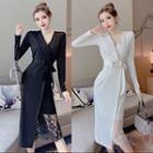 Long-sleeve Lace Panel Slit Midi A-line Dress