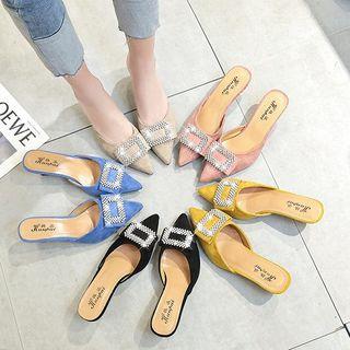 Pointed Rhinestone Low Heel Mules