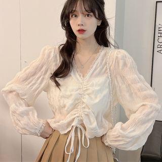 Puff-sleeve Plain V-neck Blouse