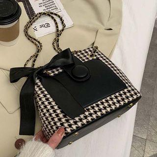 Houndstooth Panel Faux Leather Tote Bag