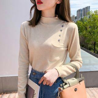 Mock Neck Long-sleeve Button Accent Plain Knit Top