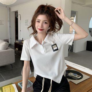 Asymmetrical Short-sleeve Label Applique Polo Shirt
