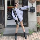 Long-sleeve Crinkled Shirt / Striped Scarf