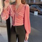 Plain V-neck Lace Slim-fit Long-sleeve Blouse Pink - One Size