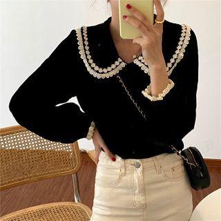 Lace Trim Peter Pan Blouse Black - One Size