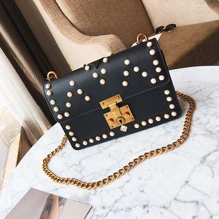 Studded Push Lock Chain Strap Cross Bag