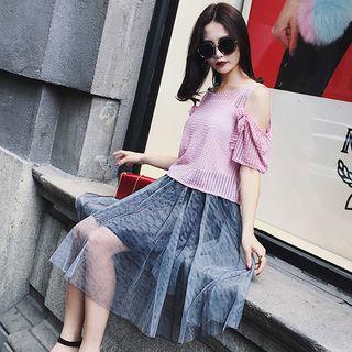 Set: Cutout Check Top + A-line Skirt