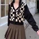 Check Cardigan / Pleated Mini A-line Skirt