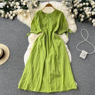 Short-sleeve V-neck Plain Cutout A-line Dress