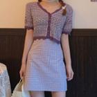 Short-sleeve Cropped Pointelle Cardigan / Plaid A-line Skirt