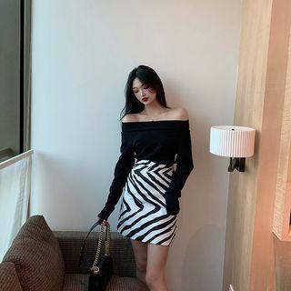 Off-shoulder Plain Knit Top / High-waist Striped Skirt
