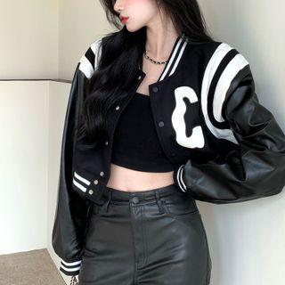 Faux Leather Panel Cropped Baseball Jacket Black - One Size