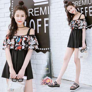 Ruffle Print Cutout Shoulder Swimdress