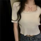 Short-sleeve Plain Knit Square-neck Top