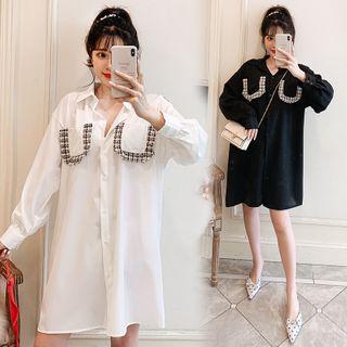 Long-sleeve Tweed Panel Mini Shirt Dress
