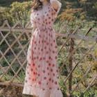 Puff-sleeve Strawberry Print Mesh A-line Midi Dress