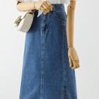 Short-sleeve Lace Trim Tie-neck Blouse / Midi A-line Denim Skirt