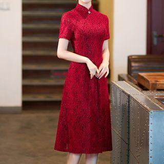 Short-sleeve Midi A-line Lace Chinese Wedding Dress