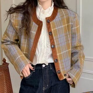 Plaid Cropped Jacket Green & Brown - One Size