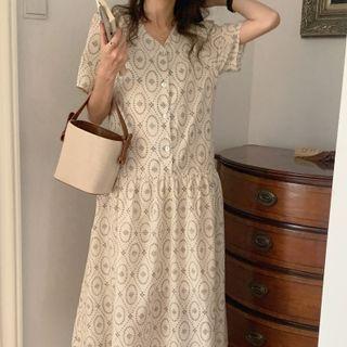 Short-sleeve Patterned Midi A-line Dress Almond - One Size
