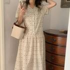 Short-sleeve Patterned Midi A-line Dress Almond - One Size