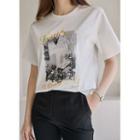 Letter Printed Beaded T-shirt White - One Size