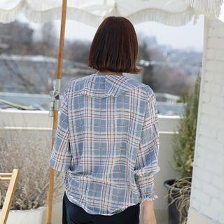 Draped-front Plaid Blouse