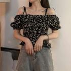 Short-sleeve Floral Print Blouse Beige Floral - Black - One Size