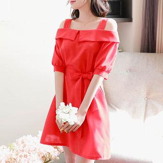 Off-shoulder Collared Dress With Sash