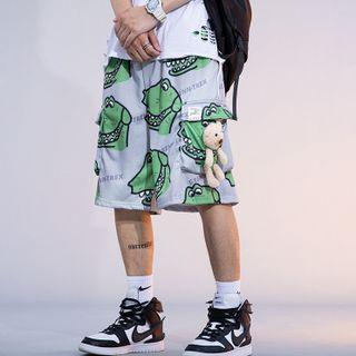 Dinosaur Pattern Print Straight Cut Shorts With Bear