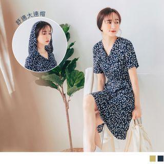 Gather-waist Floral Hooded Mini Dress