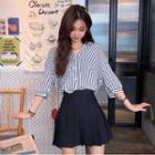 Striped Blouse / Pleated Mini Skirt