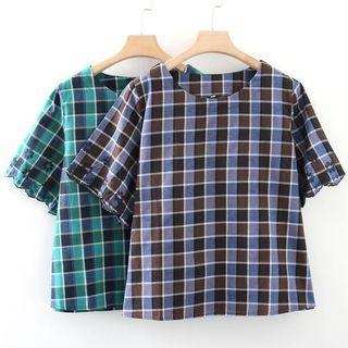 Short-sleeve Embroidered Flower Panel Plaid Blouse